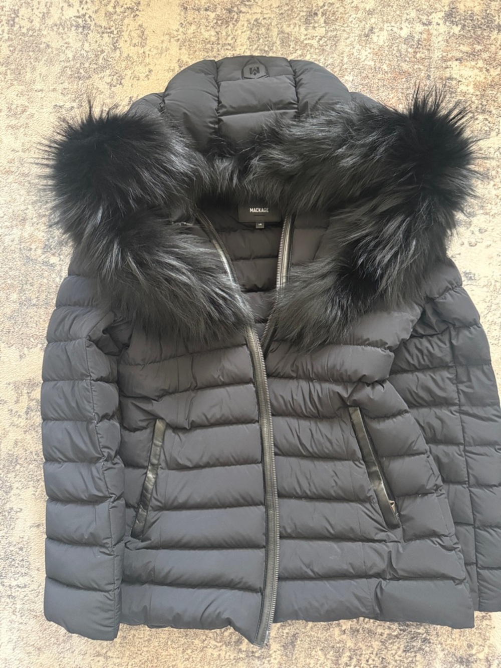 Mackage Black Quilted Down Puffer Jacket with Faux Fur Hood Trim
